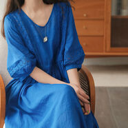 予坤棉麻連衣裙 亞麻裙子高檔斷碼撤柜剪標(biāo)女文藝天絲苧麻V領(lǐng)蕾絲大擺 寶藍(lán)色 XL【建議130-145斤】