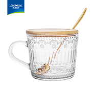 樂(lè )唯詩(shī)（LOVWISH） 玻璃碗歐式復古浮雕玻璃碗早餐碗甜品牛奶燕麥碗沙拉碗牛奶杯 1只帶蓋勺浮雕帶把早餐杯