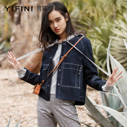 易菲（YIFINI）春裝新款寬松圓領(lǐng)長(zhǎng)袖牛仔短款外套女上衣牛仔衣 牛仔藍(lán) 0S