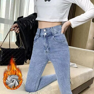 霏楚薄款牛仔褲女高腰緊身新款韓版鉛筆褲子女學(xué)生九分修身顯瘦小腳褲 加-絨336藍色 29 【110斤-120斤】