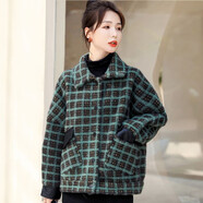 穆夏百合毛呢大衣女2025秋冬季新款裝短款加厚呢子大衣羊羔毛格子毛絨外套 綠格 L (150斤-170斤)