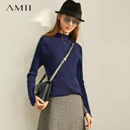 AMII開學季換新裝慵懶風新款針織衫女秋季新款修身半高領毛衣撞色兩穿 深海藍 160/84A/M
