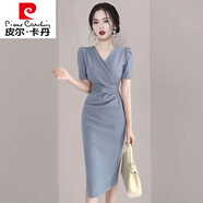 皮爾卡丹（pierre cardin）女裝真綢絲連衣裙子夏季2024新款高級感名媛職業(yè)包臀裙御姐范針織 藍(lán)色現(xiàn)貨 L