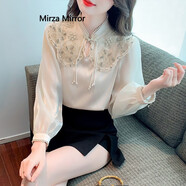 蜜莎蜜拉（Mirza Mirror）秋季重工刺繡國(guó)風(fēng)旗袍上衣女長(zhǎng)袖感氣質(zhì)立領(lǐng)雪紡襯衫2024新款 流光杏 S