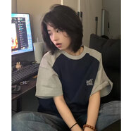 至唯美式撞色插肩袖t恤男夏季純棉重磅寬松短袖無性別潮流休閑5分衣服 灰拼藏青 M【推薦95-110斤】