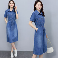 怡曼芙牛仔連衣裙女短袖2025夏季新款修身顯瘦收腰中長(cháng)款休閑氣質(zhì)牛仔裙 圖片色 L -建議110-120斤