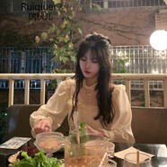 RUIQIUER 法式溫柔風(fēng)蕾絲連衣裙早春新款女裝收腰顯瘦氣質(zhì)中長款打底裙子 米黃 M