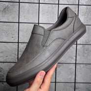 寶達（baoda）新款低幫一腳蹬皮面男鞋秋季平底懶人黑色男士皮鞋套腳休閑鞋 灰色 22441 38