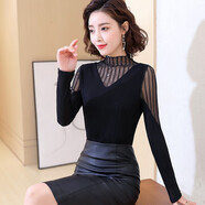 蔚曼（Veevmand）半高領(lǐng)打底衫女內(nèi)搭小衫2024春裝新款百搭洋氣網(wǎng)紗女士黑色上衣女 8995【黑色不加絨】袖子鏤空 L(100至110斤)