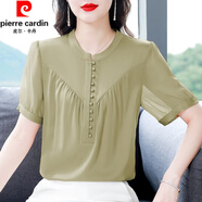 皮爾卡丹（pierre cardin）真絲短袖襯衫女夏季新款時尚洋氣別致小衫氣質(zhì)高端桑蠶絲上衣顯瘦 綠色 M 90-110斤
