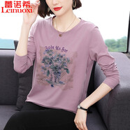 蕾諾希2024春秋裝新款寬松長(cháng)袖T恤女棉繡花百搭秋衣外穿打底衫上衣8188 紫色 L（建議105-120斤）