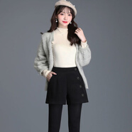 淺雖紅 2025春秋新款高腰闊腿毛呢短褲女韓版寬松a字外穿松緊腰靴褲TLX 黑色 M 80到100斤