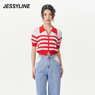Jessy line夏季專柜款 杰茜萊短薄款條紋針織開衫女 324104385 紅間白 XS/155