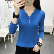 尚濤V領毛衣女秋冬女裝新款韓版休閑簡約百搭針織衫女修身打底衫上衣 藍色打底衫 XL 建議110-120斤