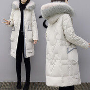YISHAN品牌女裝羽絨服女2022年新款冬裝韓版中長(cháng)款顯瘦加厚真毛領(lǐng)白鴨絨連帽外套 乳白色 M