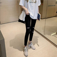 夢(mèng)史怡黑色膝蓋破洞打底褲女秋冬小腳九分韓版學(xué)生高腰緊身顯瘦大碼胖mm 黑色-左一右二 3XL 適合140-160斤