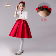 梔潔馮琳同款兒童國慶六一合唱服中小學(xué)生朗誦比賽男女童紅領(lǐng)巾演出服 女童七分袖白色連衣裙+發(fā)箍 130 cm