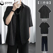 gxmy韓版休閑條紋短袖t恤男士套裝夏季帥氣百搭衣服男裝三件 套潮 黑色條紋+九分褲+黑T XL【110-130斤】