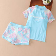 古黛妃兒童泳衣2024年新款女童分體游泳衣女孩可愛(ài)寶寶小童學(xué)生溫泉泳裝 藍色泳衣(泳褲)兩件套 150