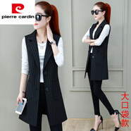 皮爾卡丹（pierre cardin）黑色西裝馬甲女春秋季中長(cháng)款外穿2025年新款修身大尺碼馬夾背心外 條紋 XL 建議115-125斤