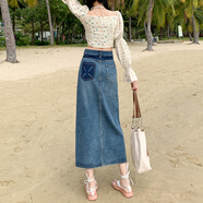 魅次方復古牛仔半身裙女春秋季2023年新款高腰寬松顯瘦a字開(kāi)叉中長(cháng)裙 牛仔藍 S