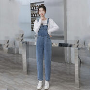 蘭威費(fèi)雷韓版背帶褲女秋冬新款女學(xué)生高腰寬松學(xué)院風(fēng)牛仔褲女小腳褲女 復(fù)古 805正常腳 S