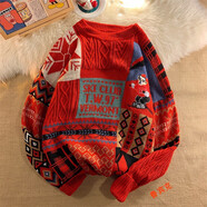 魯賓克毛衣男冬季加絨加厚圓領(lǐng)套頭保暖針織衫情侶喜慶大紅圣誕新年毛衣 A146圓領(lǐng)紅色 XL