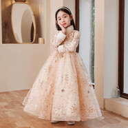 兒童公主裙女童蓬蓬裙高端連衣裙小眾加絨加厚秋冬款鋼琴演出禮服 淡粉色加絨長(cháng)款 130