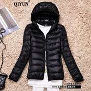 QIYUN 輕薄羽絨服女短款秋冬新款韓版修身薄款短外套女 連帽黑色 XL 【109-120斤】