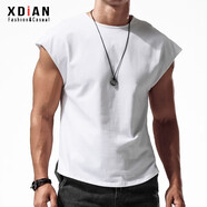 續(xù)點寬肩背心男無袖寬松夏棉彈力運動健身砍肩圓領(lǐng)潮男士打底衫t恤男 白色寬肩 L 碼（135-153斤左右）寬松版型
