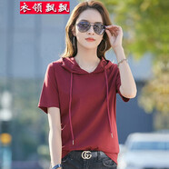 衣領(lǐng)飄飄連帽t恤短袖女裝上衣白春夏裝女生有帽衫衣服體恤時(shí)尚潮 酒紅色 XL(115-125斤)