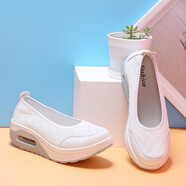 費(fèi)耐弗（feinaifu）休閑鞋女新品小白鞋女士運(yùn)動(dòng)網(wǎng)面鞋潮流透氣帆布松糕鞋氣墊搖搖鞋 米白 36