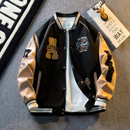 唐號(hào)美式潮牌棒球服男女春秋季情侶bf風(fēng)刺繡夾克寬松拼接休閑外套上衣 黑色 2XL