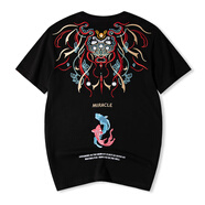 天龍致尊（Denon supreme）短袖t恤男女潮牌國潮蓮有魚刺繡純棉寬松短袖情侶T恤衫 681黑色 XL碼（建議136-155斤）