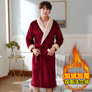 瓊瑛法蘭絨情侶睡袍女士浴袍春秋冬季珊瑚絨睡衣加厚浴衣家居服 1902酒紅一件 XXL