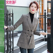 安依蓮雙排扣小西裝外套女秋冬時(shí)尚氣質(zhì)職業(yè)裝西服套裝商務(wù)工作服正裝 灰綠格西裝（老款庫存不足） XL