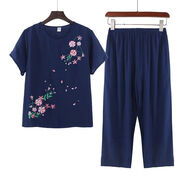 夏季中老年人棉麻短袖套裝寬松大碼上衣媽媽裝兩件套t恤夏裝女裝 花開富貴-藏青色 4XL 【135-155斤】