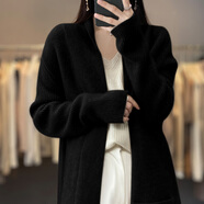 赫&旻韓版慵懶寬松中長(cháng)款羊毛針織開(kāi)衫外套女秋冬款加厚毛衣外搭 黑色 M （95-125斤）