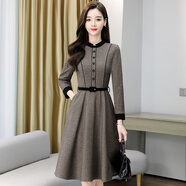 筱韓舒高端品牌連衣裙女秋冬季新款韓版洋氣貴婦人長(zhǎng)袖中長(zhǎng)款毛呢裙子潮 咖啡色 M