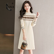 SXA香港潮牌長(cháng)袖針織連衣裙2024秋冬新款氣質(zhì)減齡打底毛衣菱格A字裙 米色 M