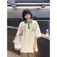 鏡莎學院風翻領polo衫女學生中長款短袖T恤女初中高中學生夏天上衣服 米白色 均碼