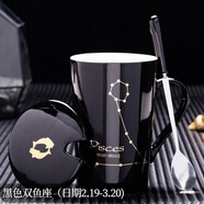 錦順鑫榮十二星座創(chuàng)意個(gè)性杯子陶瓷馬克杯帶蓋勺家用喝水杯子辦公茶杯情侶 黑色雙魚(帶蓋勺) 401-500ml