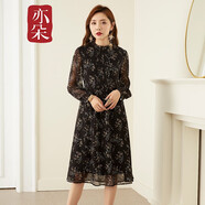 亦朵時(shí)尚黑色印花連衣裙秋季長(cháng)袖中長(cháng)款雪紡長(cháng)裙氣質(zhì)碎花裙子 黑色 M
