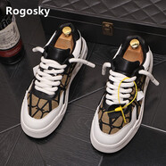 Rogosky香港潮牌男鞋子四季款透氣低幫休閑鞋韓版牛皮拼布一腳蹬懶人板鞋 黑色標(biāo)準(zhǔn)版 38（皮鞋碼）