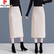 皮爾卡丹（pierre cardin）毛呢半身裙女秋冬2024新款高腰中長(cháng)款西裝a字包臀裙直筒一步長(cháng)裙 米白色 L
