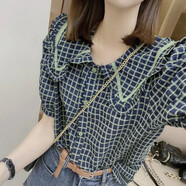 FZMF娃娃領(lǐng)泡泡袖格子襯衫女2023夏季新款設(shè)計(jì)感小眾別致百搭上衣ins 綠色 【收藏關(guān)注店鋪優(yōu)先發(fā)貨】 L 建議96-115斤