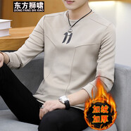 東方獅嘯 長(zhǎng)袖t恤男士潮流休閑春秋季圓領(lǐng)衛(wèi)衣體恤打底衫修身男裝上衣服 加絨901卡其色 4XL