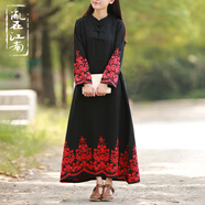 亂在江南新中式繡花棉麻改良旗袍裙長(zhǎng)袖春季古典新品優(yōu)雅連衣裙 黑色 L