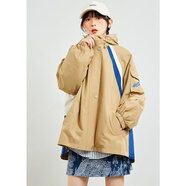 木果果木秋冬新款寬松運(yùn)動(dòng)風(fēng)連帽抽繩時(shí)尚加絨工裝外套女 卡其 L
