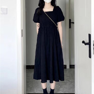 景怡依連衣裙女裝顯瘦大碼長裙胖女孩穿的衣服抽繩微胖妹妹夏裝微胖裙子 黑色 S